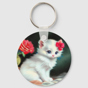 Chaveiro Ilustração Vintage White Kitten com Flores Vermelh