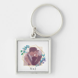 Chaveiro Imagem Geométrica Dourada e Folha Moderna Elegante