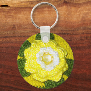 Chaveiro Impressão de Crochet Verde de Rosa Amarelo Brilha