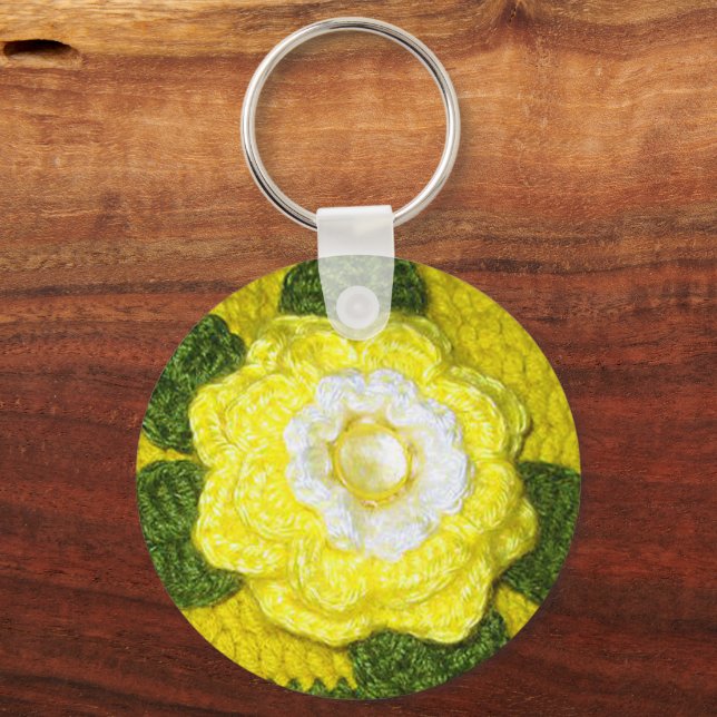 Chaveiro Impressão de Crochet Verde Rosa Amarelo Brilhante (Frente)
