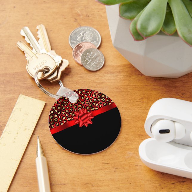 Chaveiro Impressão de leopardo vermelho, dourado e preto co (Mesa)