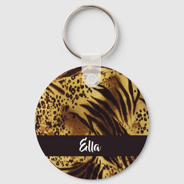 Chaveiro Impressão de pele do tigre de nome personalizado (Frente)
