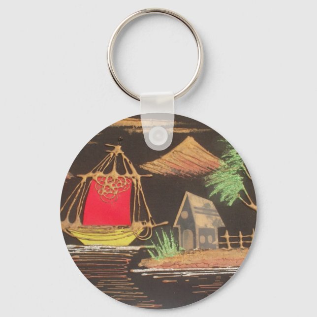 Chaveiro Impressão de pintura de óleo em veleiro vermelho (Frente)