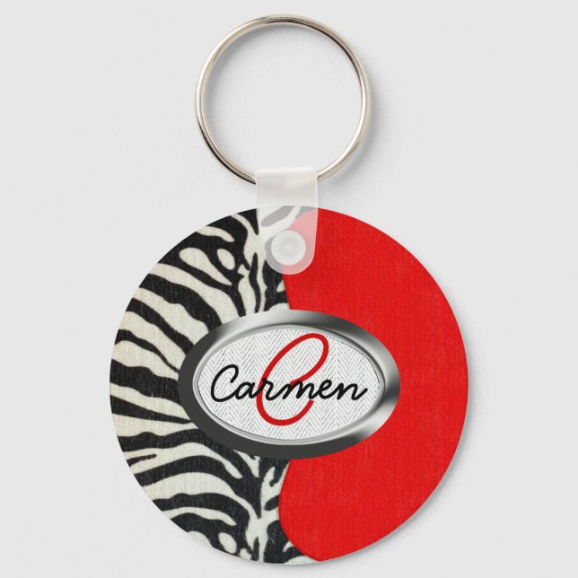 Chaveiro Impressão de Tendy Zebra e Monograma Vermelho Neon (Frente)