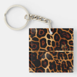 Chaveiro Impressão do Leopardo Chic e Monograma Dourado