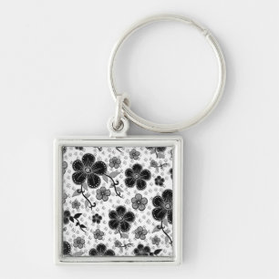 Chaveiro Impressão Floral preto-e-branco