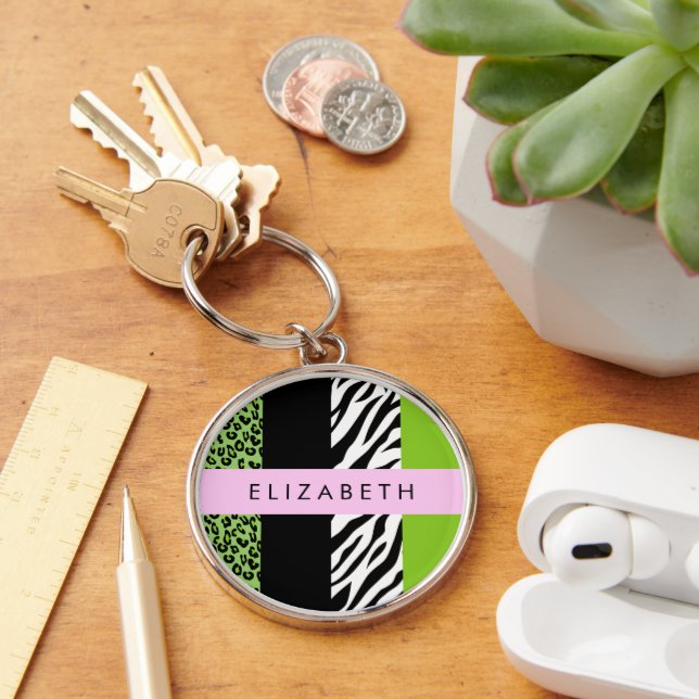 Chaveiro Impressão Leopardo, Impressão Zebra, Verde, Seu No (Mesa)