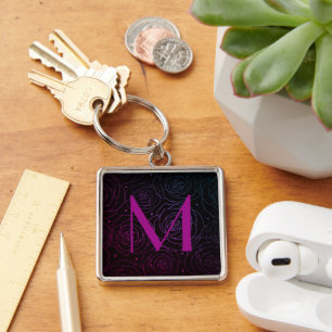 Chaveiro Iniciais de Monograma Rosa Floral Escura Magenta R