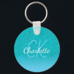 Chaveiro Iniciais de monograma verde aqua azul-teal<br><div class="desc">Um fundo verde-azul de gradiente de brilho. Personalize e adicione um nome e letras de monograma. Um script estilo moderno,  escrito à mão,  letras brancas e azuis</div>