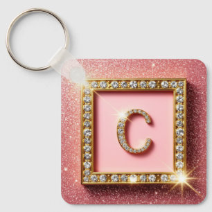 Chaveiro Inicial C de Diamante com Brilho Rosa em Moldura D