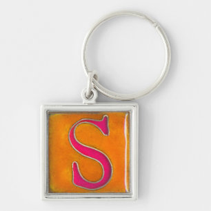 chaveiro inicial, cloisonne, laranja e rosa de S