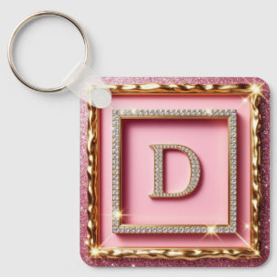 Chaveiro Inicial D em Diamante com Moldura Dourada e Glitte