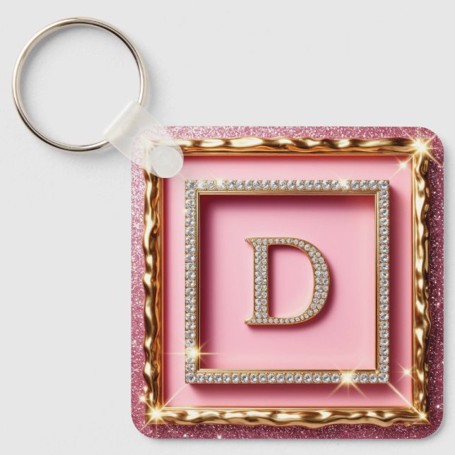 Chaveiro Inicial D em Diamante com Moldura Dourada e Glitte (Frente)