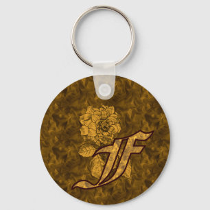 Chaveiro Inicial de Monograma F Flor de Peônia Dourada