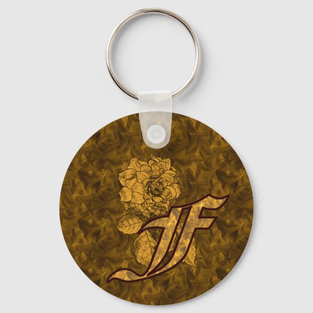 Chaveiro Inicial de Monograma F Flor de Peônia Dourada  (Frente)