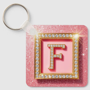 Chaveiro Inicial F em Diamante Brilho Rosa em Moldura Doura