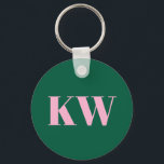 Chaveiro Inicials Personalizadas Rosa Verde Moderno Monogra<br><div class="desc">Este porta-chaves personalizado apresenta iniciais serifadas em rosa suave sobre um fundo verde.</div>