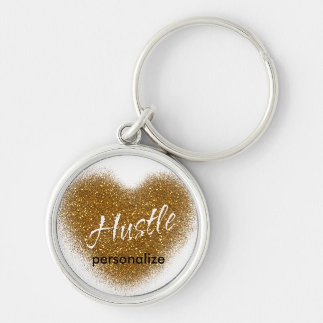 Chaveiro Inspiracional Dourado Glitter HUSTLE Hear (Frente)