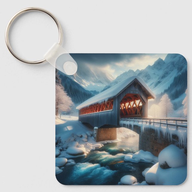 Chaveiro Inverno, ponte coberta por neve e rio (Frente)