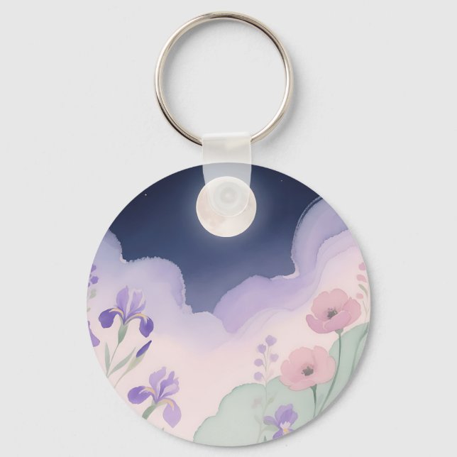 Chaveiro Íris Floral Noturna aquarela Lua Cheia (Frente)