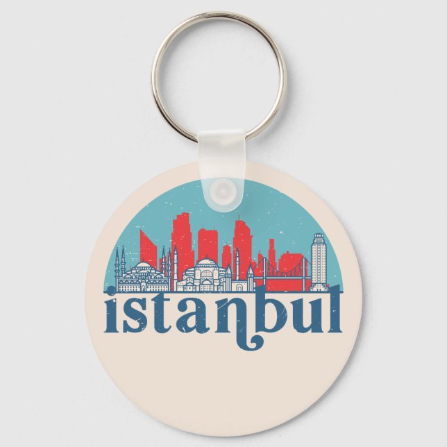 Chaveiro Istambul Turquia Retro City Skyline Cityscape Art (Frente)