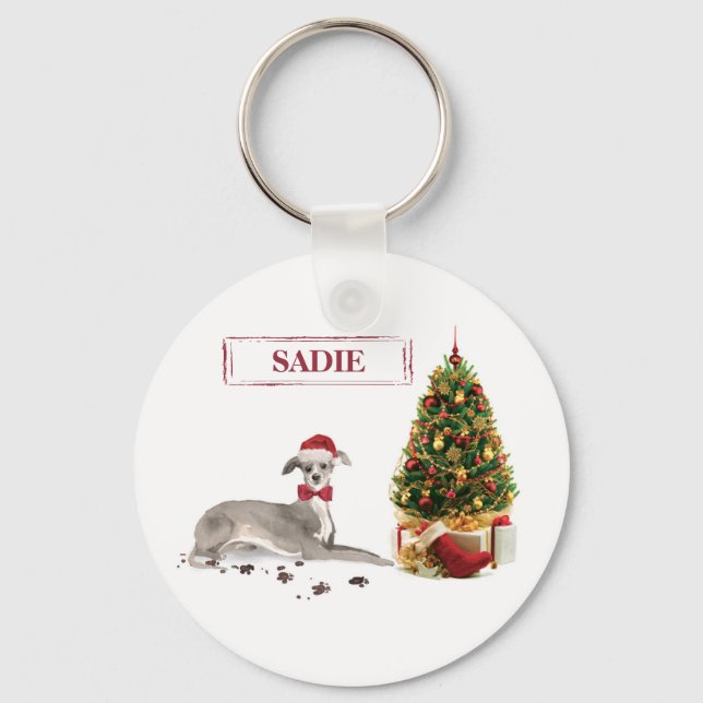 Chaveiro Italian Greyhound Engraçado Natal Cachorro com Árv (Frente)