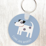 Chaveiro Jack Russell Terrier Dog Texto Personalizado<br><div class="desc">Um adorável cão Jack Russell ou Parson Terrier em um fundo azul. Perfeito para sua mãe de cachorro ou pai de cachorro favorito. Alterar ou remover o texto a ser personalizado.</div>