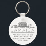 Chaveiro Jamaica Estilizou o Skyline| Slogan Personalizado<br><div class="desc">Uma cadeia chave única representando a bela cidade da Jamaica. Este chaveiro apresenta uma ilustração estilizada do horizonte único da cidade com seu nome embaixo. Por baixo do nome da cidade está um lugar para o seu slogan ou afirmação exclusivo sobre a sua cidade favorita.</div>