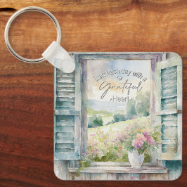 Chaveiro Janela floral de cor d'água do coração grateful