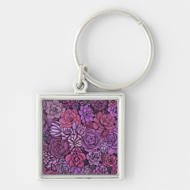 Chaveiro Jardim de sucata em rosa e violeta (Frente)