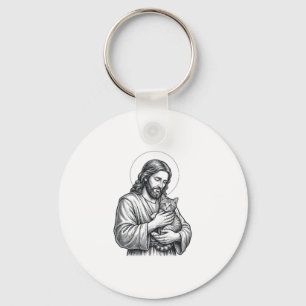 Chaveiro Jesus Antigo Segurando Gato Gravura Gráfico_1