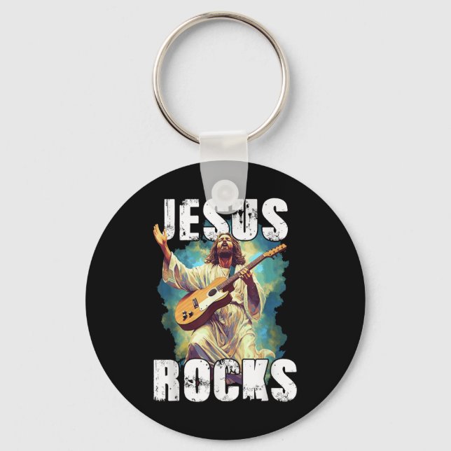 Chaveiro Jesus Rocks Com Guitarra - Cristão Engraçado Rocks (Frente)