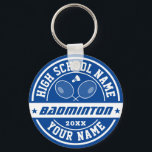 Chaveiro Jogador de Badminton da Escola Personalizado Espor<br><div class="desc">Dons desportivos personalizados e mercadorias para a equipe desportiva escolar. Todos os textos são editáveis para ajustado da sua ocasião. A cor de fundo é editável usando a ferramenta design. Uma lembrança perfeita para o treinador escolar e mais velho graduados que também são atletas excelentes.</div>