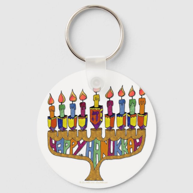 Chaveiro Judaica Feliz Hanukkah Pião Menorá (Frente)