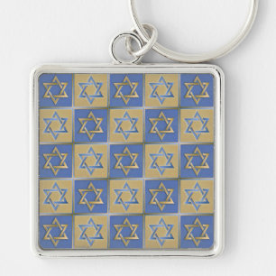 Chaveiro Judaica Star De David Metal Dourado Azul