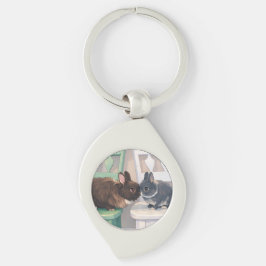 Chaveiro Kawaii Anime Two Bunnies Silver Metal Keychain