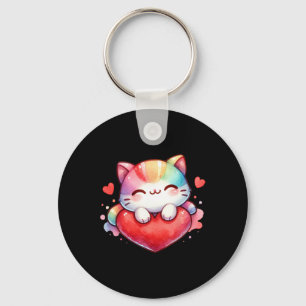 Chaveiro Kawaii Arco-íris Gatinho Fofo Abraçando Coração Ki