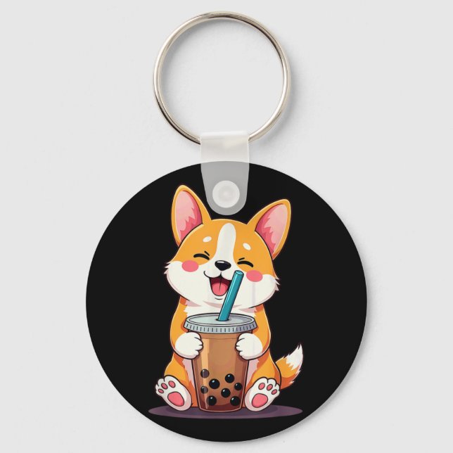 Chaveiro Kawaii Corgi Bubble Tea (Frente)