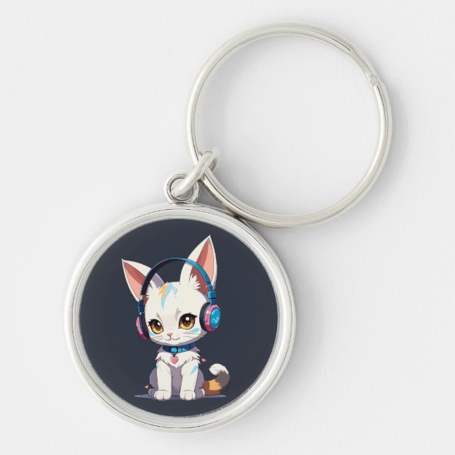 Chaveiro Kawaii Kitten em Fones de ouvido Na moda (Frente)