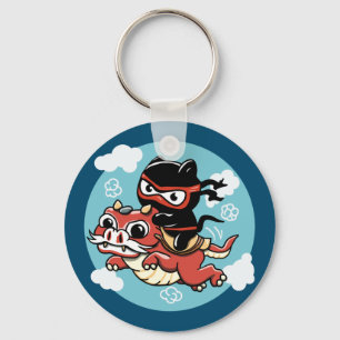 Chaveiro Kawaii Ninja Cat Andando um Dragão Vermelho