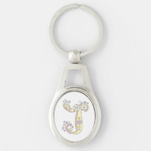 Chaveiro Keyring da letra inicial J das flores dos coraçõ