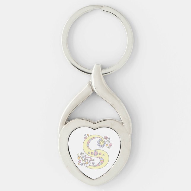 Chaveiro Keyring da letra inicial S das flores dos corações (Frente)