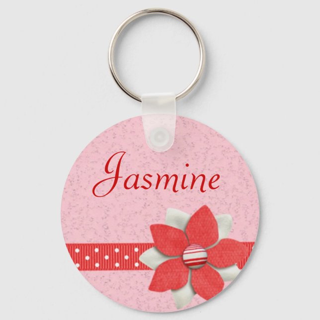 Chaveiro Keyring de nome personalizado - Fita vermelha e fl (Frente)