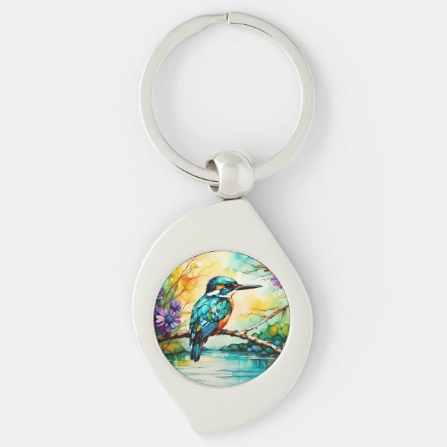 Chaveiro Kingfisher sobre Água e Flores Selvagens (Frente)