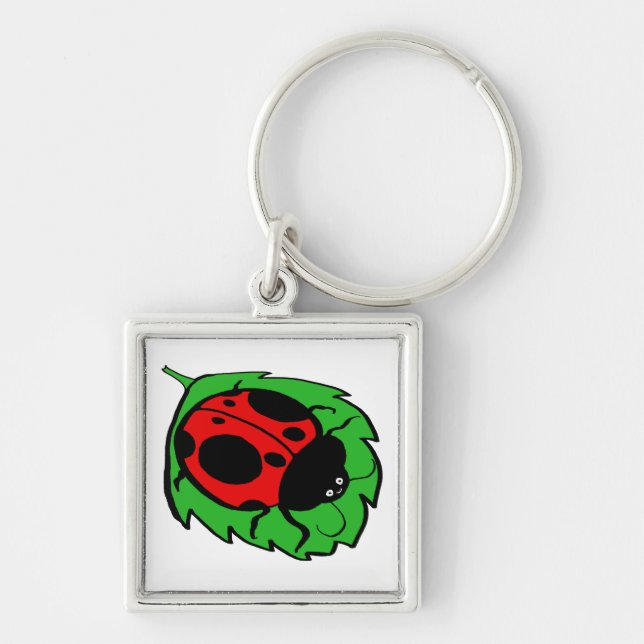 Chaveiro Ladybug sorridente numa Folha Verde (Frente)