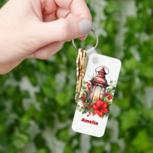 Chaveiro Lanterna de Natal Vermelho Poinsettia e Pinheiro