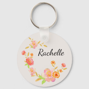 Chaveiro Laranja Feminina & Floral Monogramada Rosa