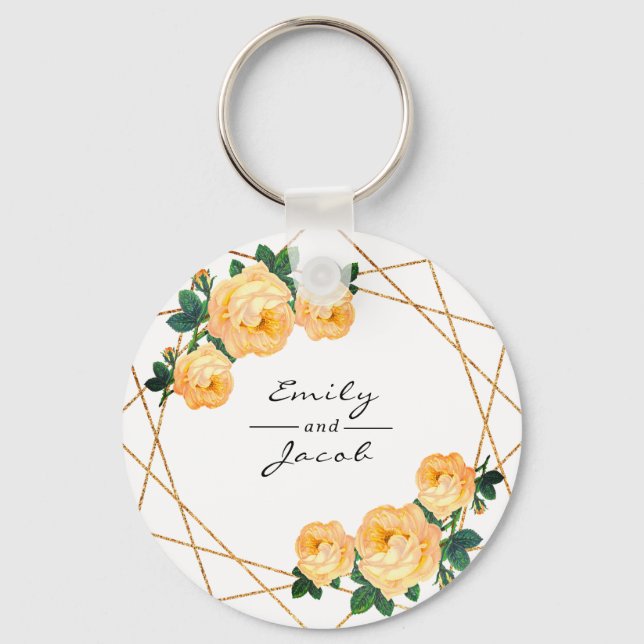 Chaveiro Laranja Floral Wed Elegante Glitter Dourado Geomét (Frente)