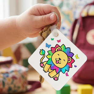 Chaveiro Leão Kawaii Sorridente Fofo com Borboletas Cartoon