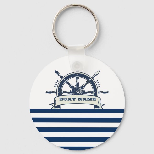 Chaveiro Leme de Barco Náutico, Listras Brancas Azul Marinh (Frente)